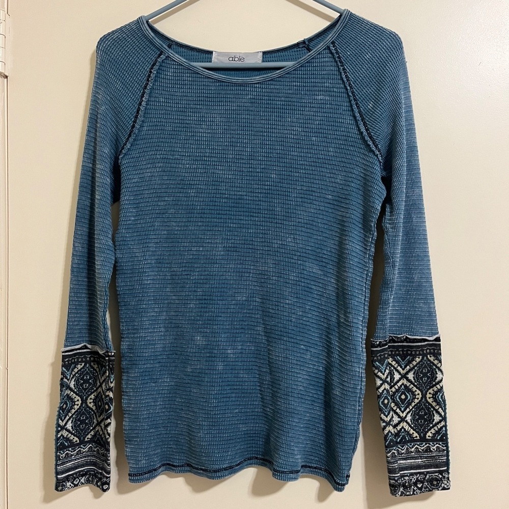 Able Womens Thermal Top Medium Blue Waffle Knit Boho Contrast Cuffs Indie Grunge